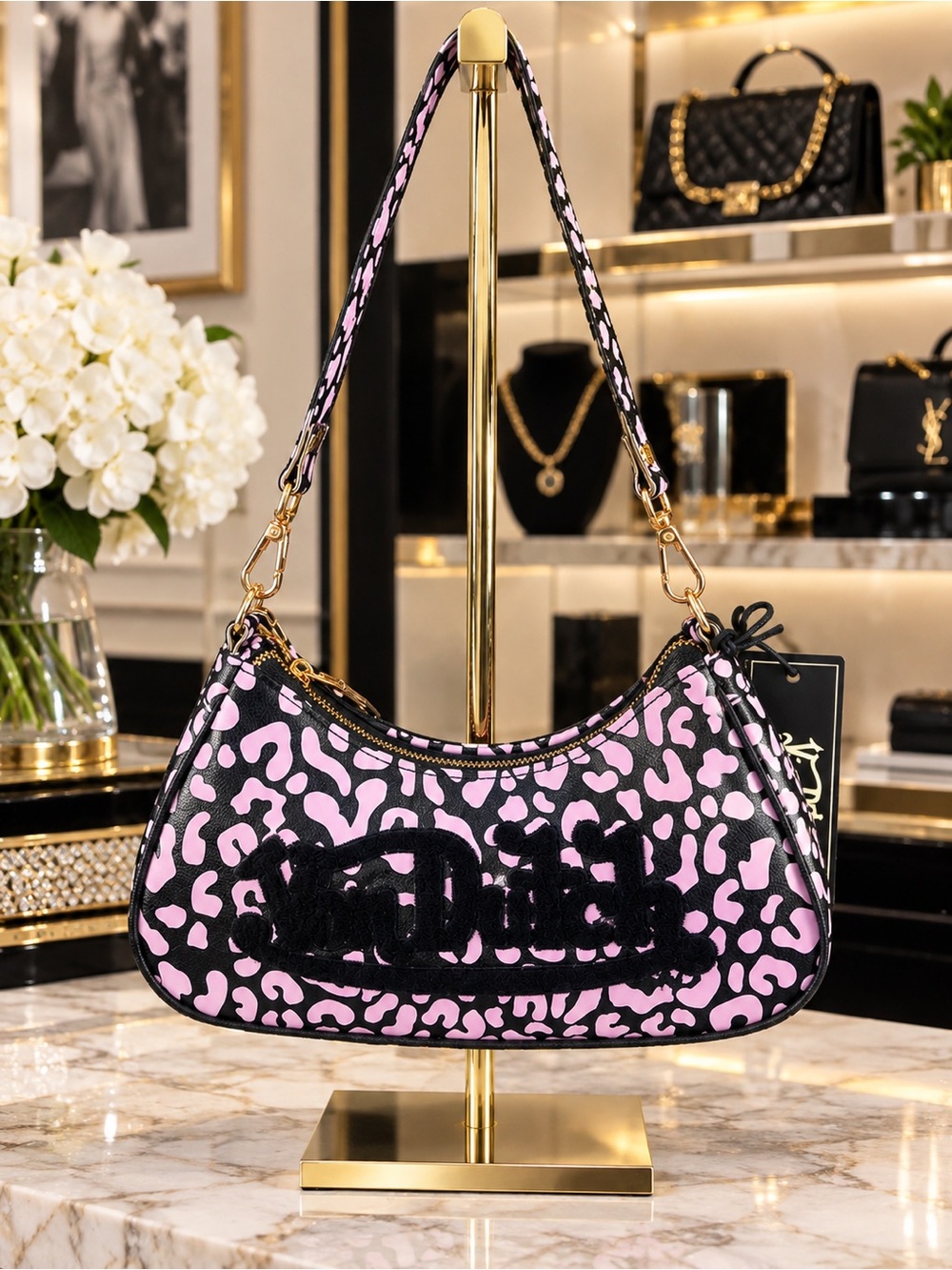 Von Dutch Pink and Black Leopard-Print Shoulder Bag
